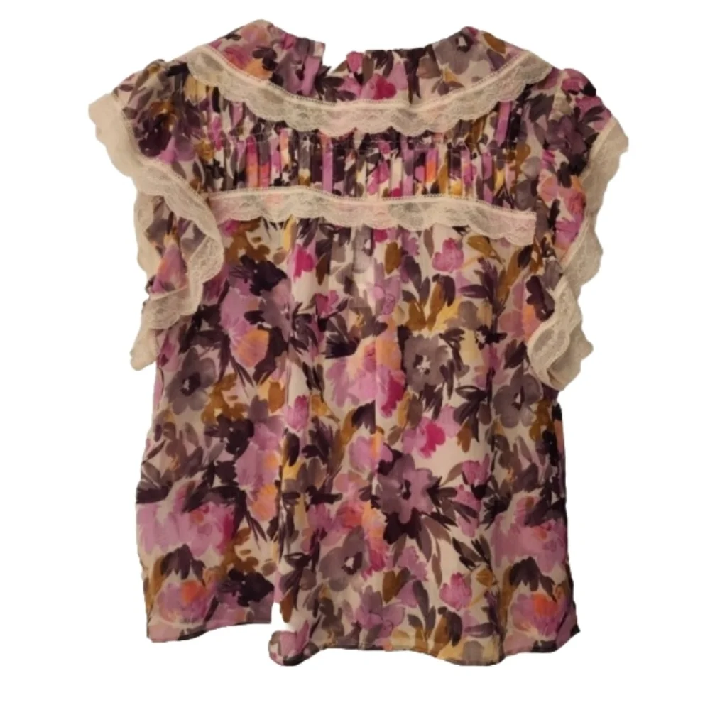 French Connection women's Catlett Crinkle Ruffle Trim Top Orchid Bouquet Small